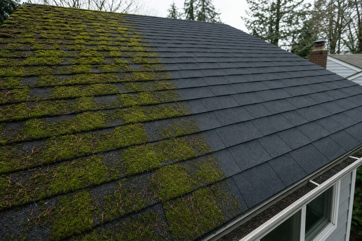 Moss removal from Portland home roof