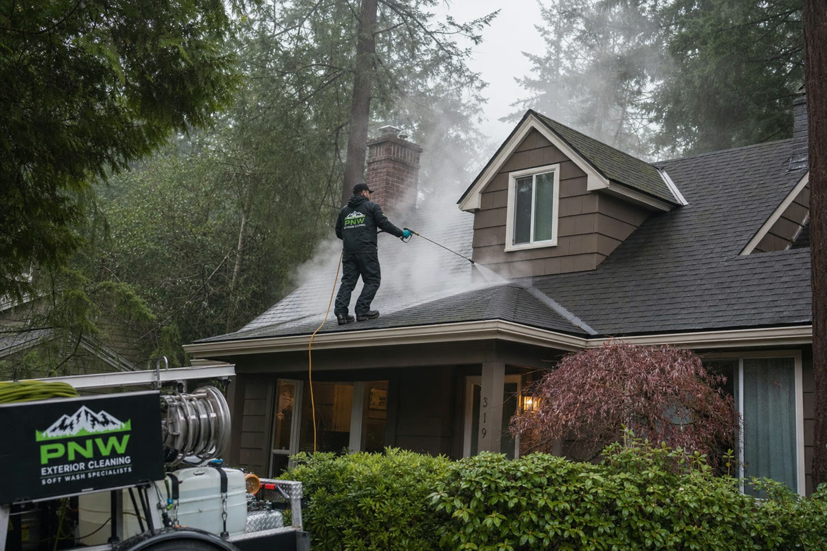 Soft wash roof cleaning on Portland home